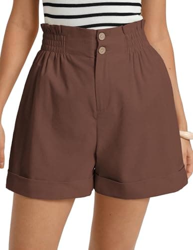 GRACE KARIN Womens Shorts Casual 2026 Summer Linen Elastic High Waist Button Shorts Beach Vacation Clothes Brown 2XL - Image 1