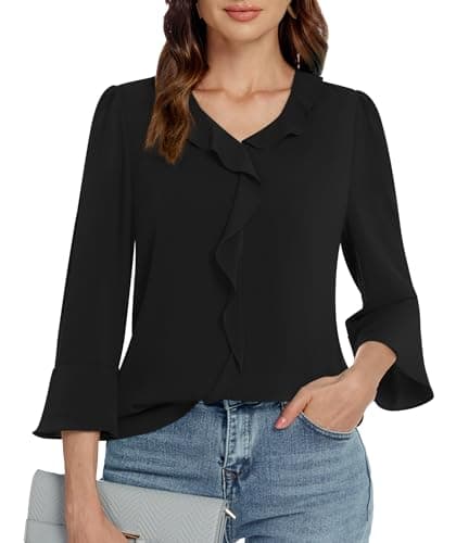 Funlingo 3/4 Length Sleeve Womens Tops Dressy Casual V Neck Tunic Blouses Business Work Summer Trendy Chiffon Black Shirts S - Image 1