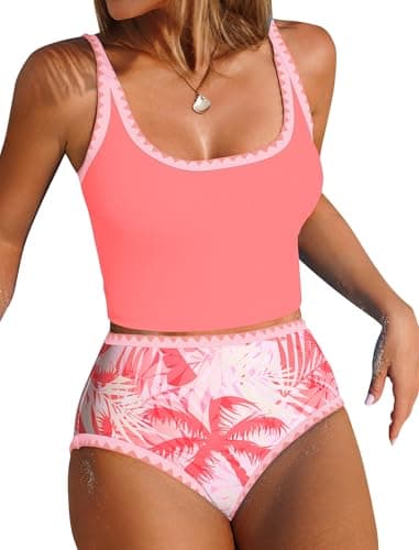 ZAFUL Tankini Swimsuit Tummy Control Bathing Suits Two Piece Swimwear Swim Top with High Waisted Bottom Coral M - Image 1