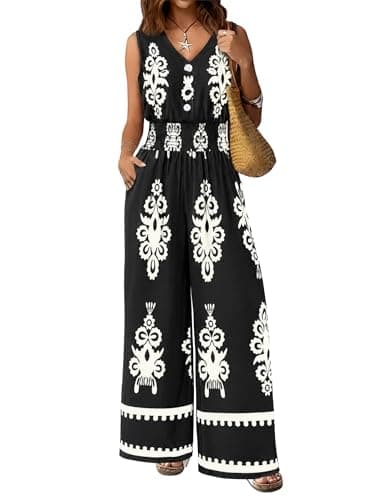 LOOKBOHO Womens Causal Summer Sleeveless Jumpsuits Summer Wide Leg Boho Floral Rompers Overalls with Pockets L - Image 1
