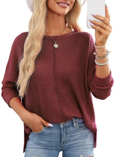 Dokotoo Womens Long Sleeve Tops Plus Size Women Blouses Dressy Casual Fall Outfits for Women 2026 Oversized Shirts Waffle Knit Top Business Casual Outfits Red Blouses M - Image 1