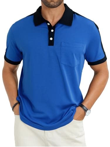 LuxMania Men's Casual Polo Shirts Short Sleeve Classic Button Shirt Fashion Cotton Golf Tops with Pocket Royal Blue XL - Image 1