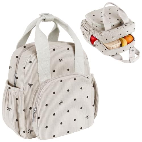 Easozoom Insulated Corduroy Lunch Bag for Teen Girl Kid Women, Large Lunch Box, Reusable Portable Leakproof Lunchbox for School Travel Office Picnic (Polka Dot&Bow White)