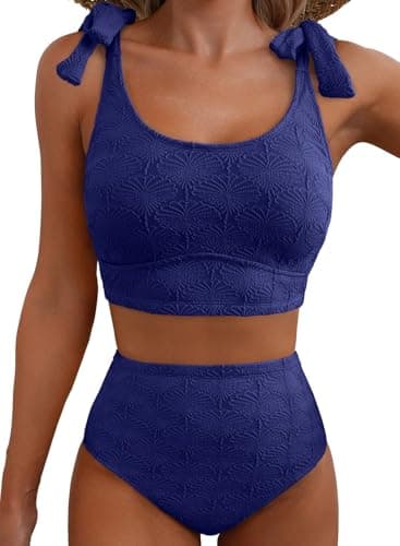 Herseas Women's 2 Piece Bikini Sets Seashell Textured Tie Straps Adjustable 2026 Summer Swim Suit High Waisted Tummy Control Push Up Padded Bathing Suits Casual Resort Outfits Navy Blue X-Large