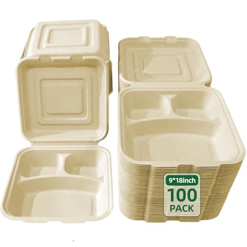 Clamshell Take Out Food Containers - 9x8 Inch Takeout Lunch Box Containers To Go Take Out Clamshell for Food, leftover containers with lids,Disposable Eco-Friendly Biodegradable, PFAS-Free (100)