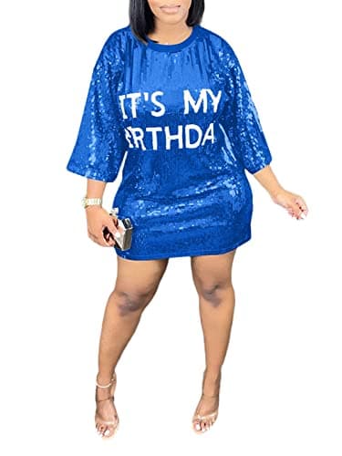 Fawjsais Its My Birthday Dress for Women Birthday Sequin Shirt Dress Loose Casual Sexy Nightclub Party T-Shirts Tops Dress Blue S - Image 1