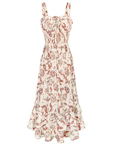 GRACE KARIN Women's 2025 Summer Floral Boho Dress Square Neck Strapped Swing A Line Sundress Beach Long Maxi OutfitsBeige XL - Image 1