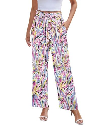 NILOUFO Casual Pants for Women Summer Lightweight Wide Leg Pants High Waisted Elastic Waist Tie Knot Trousers with Pockets(Little Daisy, Small) - Image 1