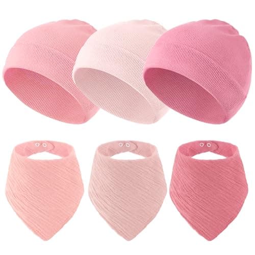 Sofier Baby Hats and Bibs Baby Beanies for Unisex Newborn Infant 0-6 Months Boys Girls Gift Set(US, Age, 0 Months, 6 Months, Pink) - Image 1