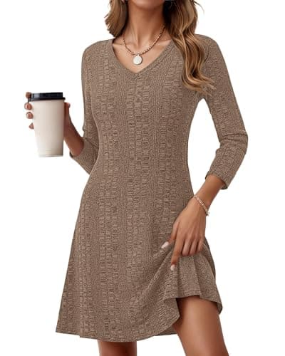 MOLERANI Sweater Fall Dresses for Women 2025 Long Sleeve V Neck Knit Short Dress - Christmas Party Dresses Lightweight Knee Length Swing Flowy, Brown, L - Image 1