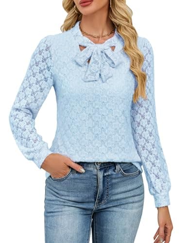 Blooming Jelly Womens Lace Long Sleeve Tops Tie Front Lined Dressy Blouse Fall 2025 Fashion Trendy Ladies Elegant Business Casual Outfit (X-Large, Light Blue) - Image 1