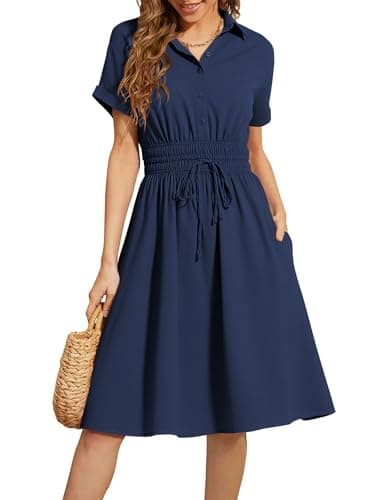 ECOWISH Summer Button Mini Shirt Dresses for Women V Neck Short Sleeve Petite Work Casual Smocked Empire Waist Dress Pockets Navy Blue Large - Image 1