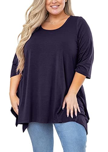 AusLook Plus Size Tops for Women 3/4 Sleeve Navy Blue 4X Crewneck Tunic Clothing Flowy Blouse Loose Fit Babydoll Summer Fall Winter Maternity Shirts Wear with Leggings - Image 1