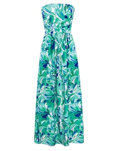 GRACE KARIN Women Strapless Dress Casual Loose Ruched Long Maxi Dress with Pockets Floral Green - Image 1