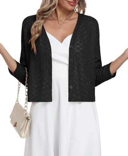 Jouica Cropped Sweater for Women Crochet Lightweight Cutout 3/4 Sleeve Button Front Cardigan Shrug Elegant Cover Up Black - Image 1