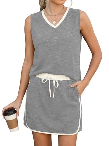 Casly Lamiit Womens Athletic Vacation Outfits Beach Travel Skorts Gymnastics Skirt Set Two Piece Skirt and Tank Set Light Grey L - Image 1