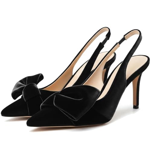Moloershow Women's Slingback Heels with Bow Pointed Toe Pumps with Elasticated Strap 3.3" High Kitten Heels Design for Spring Fashion Shoes Velvet Black Size 10 - Image 1