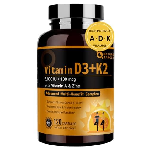 NATURE TARGET Vitamin D3 K2 5-in-1 Complex with Vitamin A, Supports Bone, Teeth, Vision & Immune Health, High-Potency 5000 IU D3, 100 mcg K2 MK-7, Easy to Swallow D3K2, 120 Capsules - Image 1