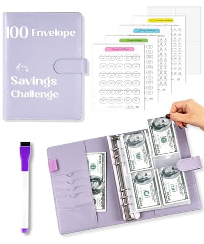FLYING EAGLE 100 Envelopes Money Saving Challenge, Savings Budget Binder with Cash Envelopes Easy and Fun Way to Save $5050 with Envelopes & Challenge Tracker, Money Saving Binder 100 Pocket, Purple