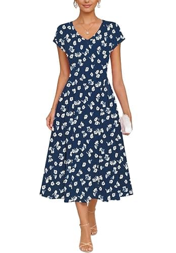 WNEEDU Women Summer Midi Dress Waffle Knit V Neck Cap Sleeve A-Line Casual Travel Outfits with Pockets(Floral Navy,S) - Image 1