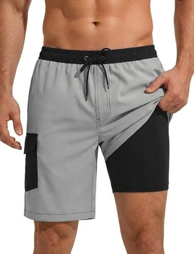 SILKWORLD Swimming Trunks for Men Swim 2 in 1 Shorts Quick Dry Bathing Suits with Cargo Zipper Pockets Grey L - Image 1
