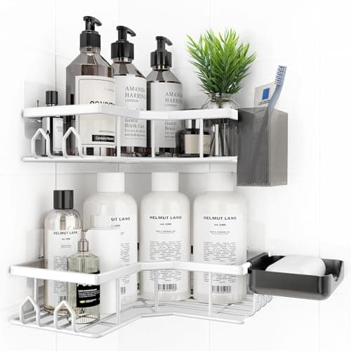 QHMCHLDZ Adhesive Shower Caddy, 4 Pack Corner Bath Organizer, Rustproof Stainless Steel Shower Shelves with Large Capacity, No Drilling Shelves for Bathroom Storage, Home, Kitchen Décor (White). - Image 1