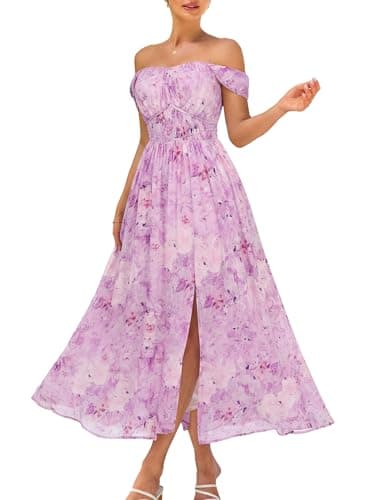 GRACE KARIN Summer Floral Dress for Women 2026,Off the Shoulder Smocked Bridesmaid Dresses,Formal Baby Shower Maxi Dresses Floral Purple XL - Image 1