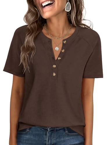 ANRABESS Women Waffle Knit Tops Short Sleeve Henley Shirts Dressy Casual Blouse 2026 Spring Fashion Outfits Trendy Clothes Red Brown Large - Image 1