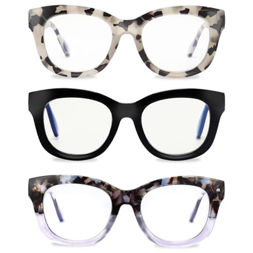 LADEESSE Readers for Women Fashion Style 3 Pack Square Reading Glasses with Spring Hinge Blue Light Blocking (0.00) - Image 1
