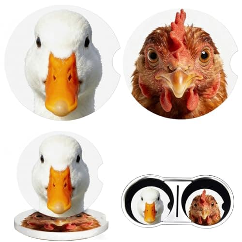 Duck & Rooster Car Coasters 2 Pack - Absorbent Ceramic Cup Coasters with Finger Notch & Anti-Slip Cork Base, 2.6" Auto Cup Holder Coasters for Car Interior Accessories (Women/Men) - Image 1