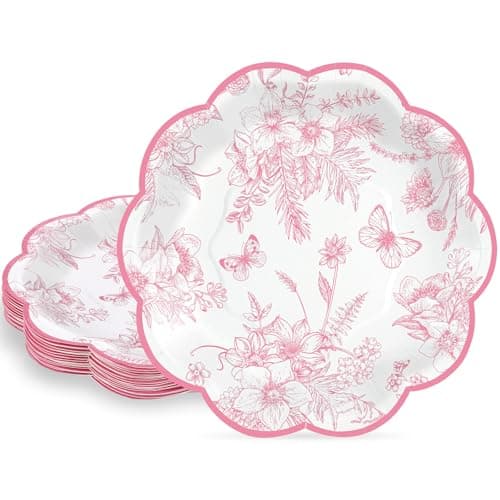 NatNarr 30 Pcs Pink Floral Paper Plates, 7 inch Tea Party Plates Vintage Flower Toile Plate Pink and White Dessert Plate Disposable for Baby Bridal Shower Birthday - Image 1