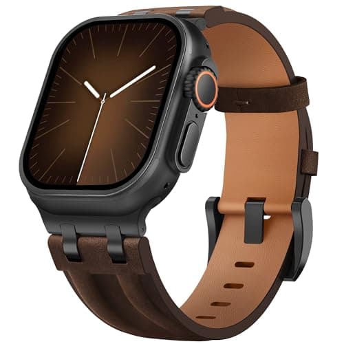 Leather Band Compatible with Apple Watch Ultra 3/Ultra 2 Band 49mm 46mm 45mm 44mm, Men’s Rugged Stainless Steel Seamless Clasp Genuine Leather Replacement Strap for iWatch Ultra 3 2 1, Series 11 10 9 8 7 6 5 4 3, SE 3 2 1 - Image 1