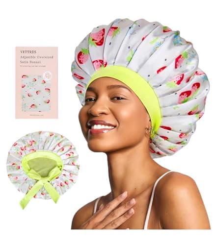 Vettres Floral Satin Bonnet For Sleeping Women Double Layer Pleated Design Adjustable Shower Cap For Curly Hair Strawberries - Image 1