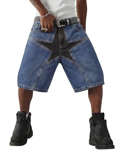 Vamtac Mens Baggy Jorts Y2K Jean Shorts Star Shorts Loose fit Wide Leg Hip Hop Skateboard Denim Short Blue Small/30 - Image 1