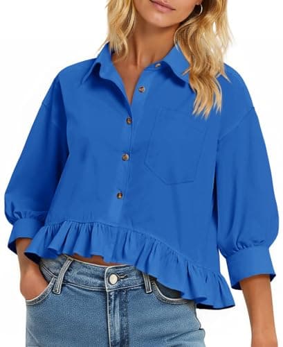Cicy Bell Womens Cropped Button Down Shirts 3/4 Length Sleeve Casual Cotton Blouses Loose Fit Ruffle Hem Tops Royal Blue - Image 1