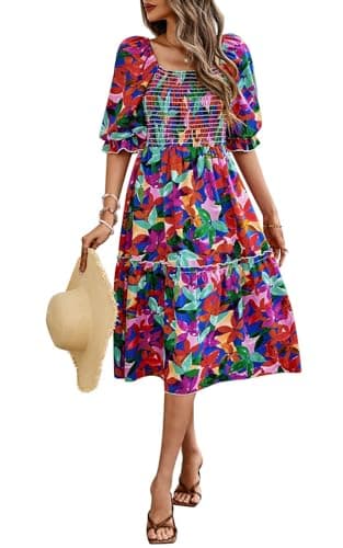 PRETTYGARDEN Women's Summer Midi Dress 2026 Trendy Fashion Puff Sleeve Square Neck A Line Swing Wedding Guest Floral Dresses (Blue Multicolored Flower,S) - Image 1