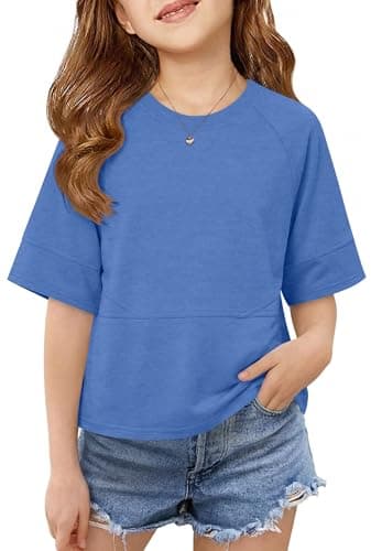 Humordream Girls T Shirts Half Sleeve Crew Neck Loose Fit Solid Summer Flowy Tee Tops 5-14Y Navy - Image 1