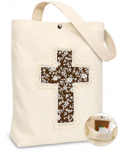 Christian Tote Bag for Women, Bible Bags with Handcrafted Cross & Lace, 12oz Canvas Religious Church Bag with Pocket & Snap Closure, Spacious Gift for Church & Baptism (Cream-Brown Cream Blossom) - Image 1