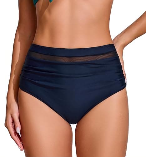 COCOPEAR Sexy High Waisted Bikini Bottoms for Women Ruched Mesh Swim Bottoms for Women Classic Full Coverage Bikini Bottoms Black 2XL - Image 1