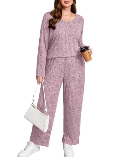 AusLook Plus Size 2 Piece Sets for Women Loose Wide Leg Pant Long Sleeve Top Matching Sets Pink 1X Tracksuit Loungewear 2025 Vacation Travel Airport Outfits Going Out Comfy Track Suits - Image 1