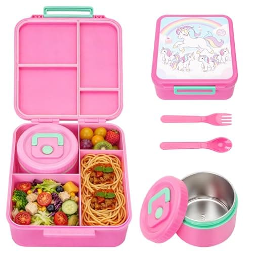 Kids Bento Lunch Box with 12oz Soup Thermo, 4 Compartments Leak Proof Lunch Box, Stainless Steel Insulated Food Jar for Girls Back to School, Daycare, Camping, Picnic, Unicorn Birthday Gifts for Girl - Image 1