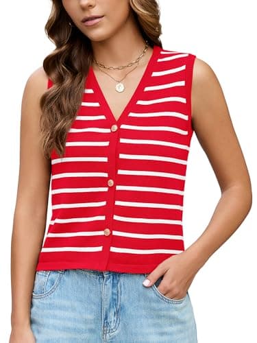 KORSIS Sweater Vest Tops for Women Red Off White Striped Large Button up Summer Fall Outfits Work Business Casual Shirts Coat Knit Cardigan jacket Work Clothes - Image 1