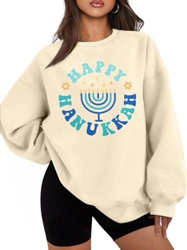 MAXIMGR Hanukkah Sweatshirt Ugly Hanukkah Sweater Women Menorah Pullover Casual Crewneck Long Sleeve Tee Tops Apricot - Image 1