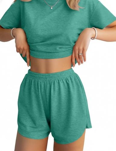 JUSTFASHIONNOW Shorts Pajama Set for Women Two Piece Lounge Set Crew Neck Loungewear Short Sleeve Tee and Side Split Shorts Set Summer Outfits Cute Pj Sets Green XL - Image 1