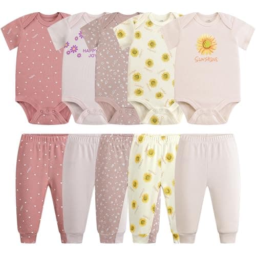 MEYSAHO Baby Newborn Layette 10-Piece Set Cotton Bodysuits Short Sleeve Pants Sets Rainbow Stars Printed for Baby Boys Girls Clothes Unisex Baby Gift Sets for 3 6 Months - Image 1