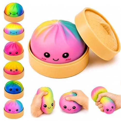 Pink Yellow Blue Dumpling Squishies – Mystery Squishies Dumplings, Rainbow Colorful Dumpling Squishys with Steamer Basket, Cute Bao Bun Squeeze Desk Toy, Soft Stress Ball Fidget Sensory Toy - Image 1