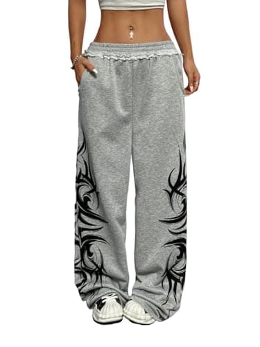 ZAFUL Womens Wide Leg Sweatpants Y2K Gothic Graffiti High Waisted Lounge Pants Athletic Joggers Pants with Pockets 1-Light Grey M - Image 1