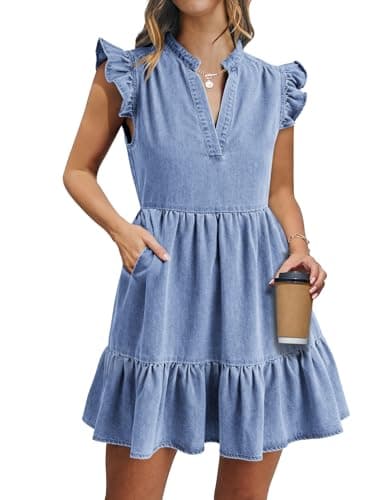 POTILI Denim Dress for Women Ruffle Short Sleeve V Neck Jean Mini Dress with Pockets Light Blue - Image 1