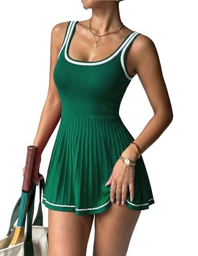 LOOKBOHO Womens Tennis Dress Pleated Sleeveless Knit Athletic Romper Dress Summer 2026 Golf Workout Outfits Green L - Image 1