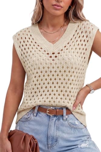 Arach&Cloz Women's Cashmere Wool Blend Hollow Out V Neck Dressy Casual Sweater Vests Beige S - Image 1